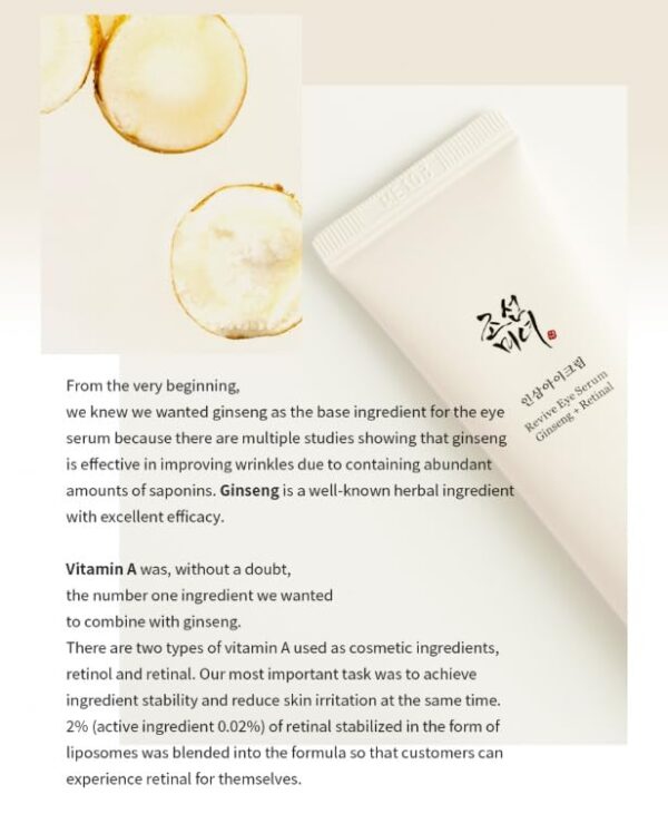 Beauty of Joseon Revive Eye Serum with Retinal Niacinamide Correction for Puffy Eye Bags Fine Lines Dark Circles Wrinkles, Korean Skin Care 30ml, 1 fl.oz - Image 3
