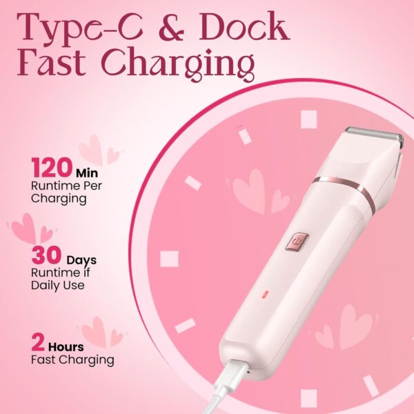 Bikini Trimmer for Women - Painless Electric Razors for Silk Skin,Cordless Body Shaver for Trip,Replaceable Lady Facial Razor, IPX7 Waterproof&Easy Cleaning, Ceramic Blade, USB Charge Dock Pink - Image 8
