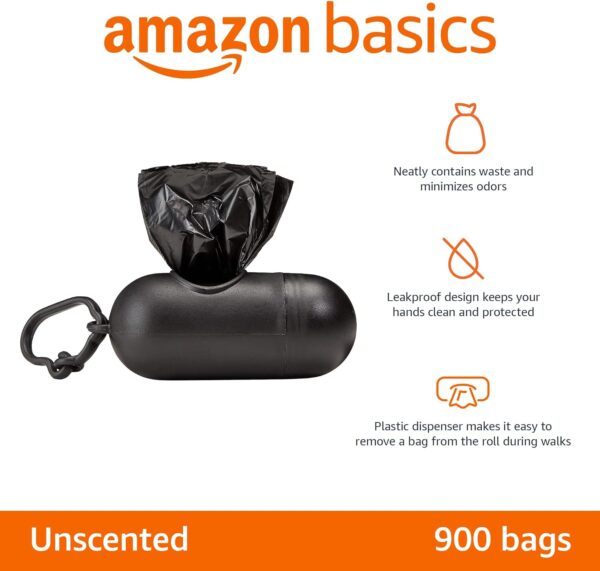 Amazon Basics Dog Poop Leak Proof Bags with Dispenser and Leash Clip, Unscented, 300 Count, 20 Pack of 15, Black, 13 x 9 Inch - Image 3