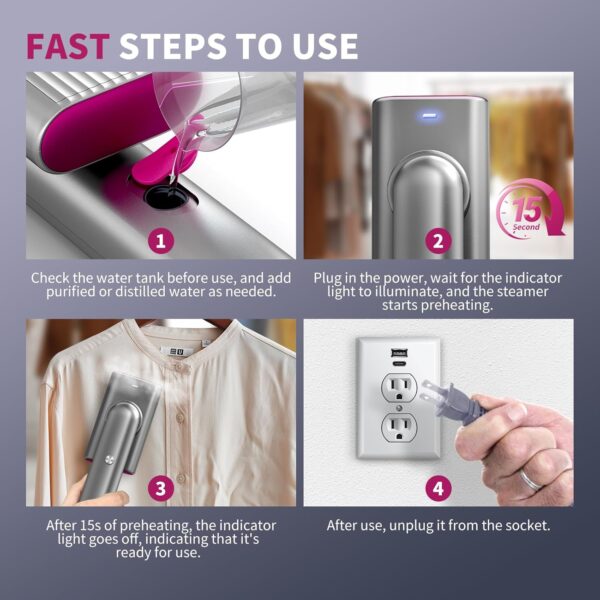 Steamer for Clothes, Portable Travel Handheld Clothing Wrinkles Remover for Clothes, 15s Fast Heat-up, 70ml Water Tank with measuring cup, Portable Garment Steamer for 120V Countries, for Home, Travel - Image 4