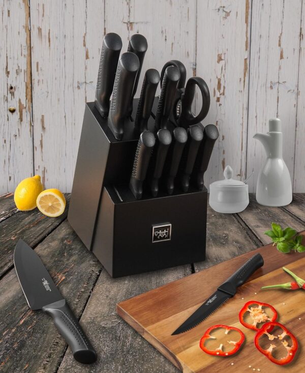 Knife Set, 15 Pcs Kitchen Knife Set with Block Self Sharpening, Dishwasher Safe, 6 Steak Knives, Anti-slip handle, Black - Image 5