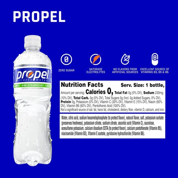Propel, Kiwi Strawberry, Zero Calorie Sports Drinking Water with Electrolytes and Vitamins C&E, 16.9 Fl Oz (Pack of 12) - Packaging May Vary - Image 7