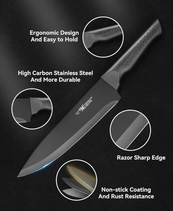 Knife Set, 15 Pcs Kitchen Knife Set with Block Self Sharpening, Dishwasher Safe, 6 Steak Knives, Anti-slip handle, Black - Image 6