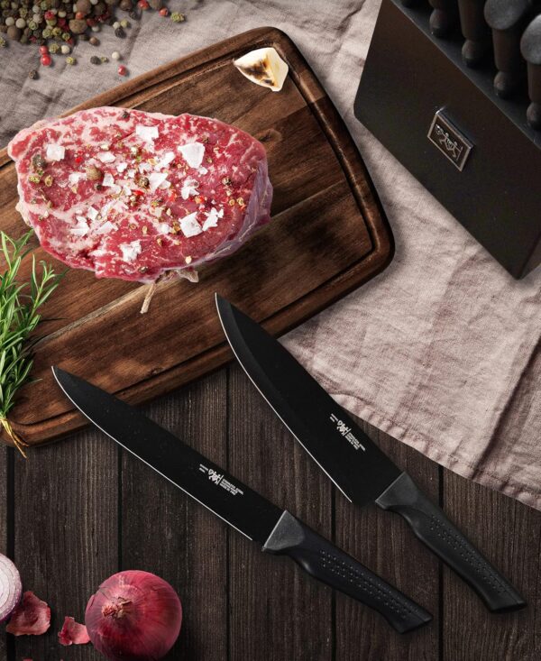 Knife Set, 15 Pcs Kitchen Knife Set with Block Self Sharpening, Dishwasher Safe, 6 Steak Knives, Anti-slip handle, Black - Image 4