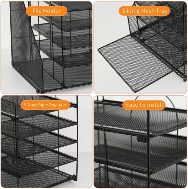 Desk Organizers and Accessories, 5-Tier Paper Letter Tray Organizer with File Holder, Desktop Organizer for Office Supplies, Office Desk Accessories & Workspace (Black) - Image 4